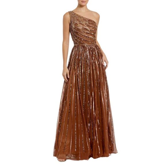 Mac Duggal 5220 Size 2 Copper Brown Sequin One Shoulder Gown Long Maxi Dress - Picture 2 of 4